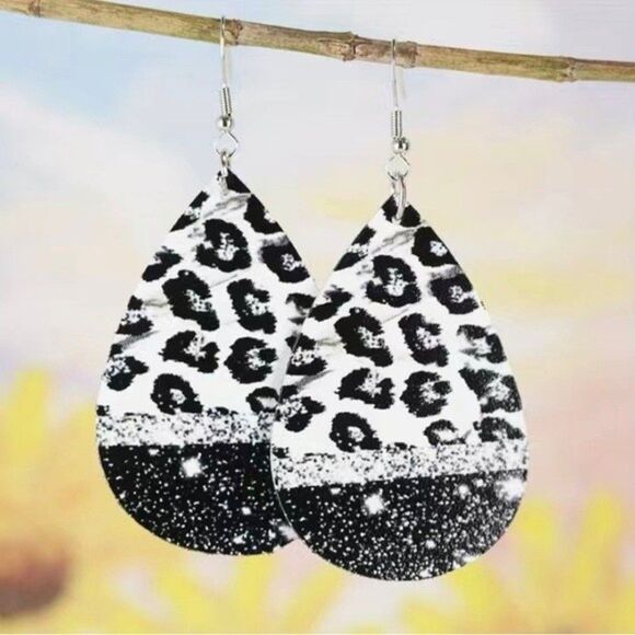 NEW Cow Print Faux Leather Black & White Drop Hook Earrings (2) - Picture 1 of 8